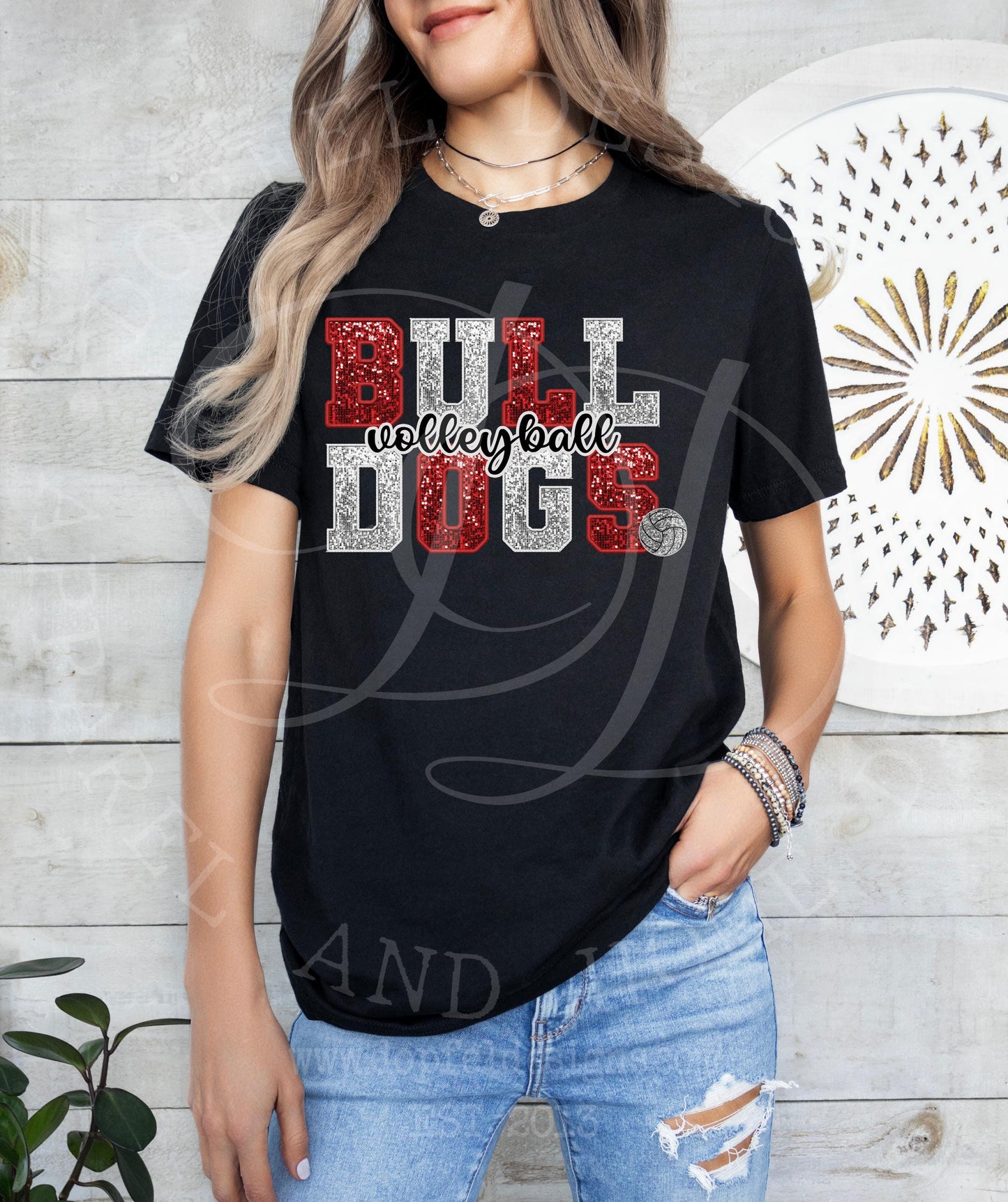 BULLDOGS Volleyball Faux Sequin Embroidery Digital Download Red & White Silver