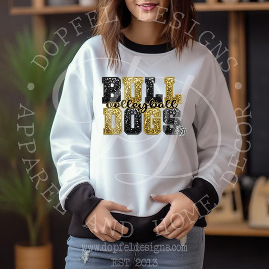 BULLDOGS Volleyball Faux Sequin Embroidery Digital Download Black and Gold